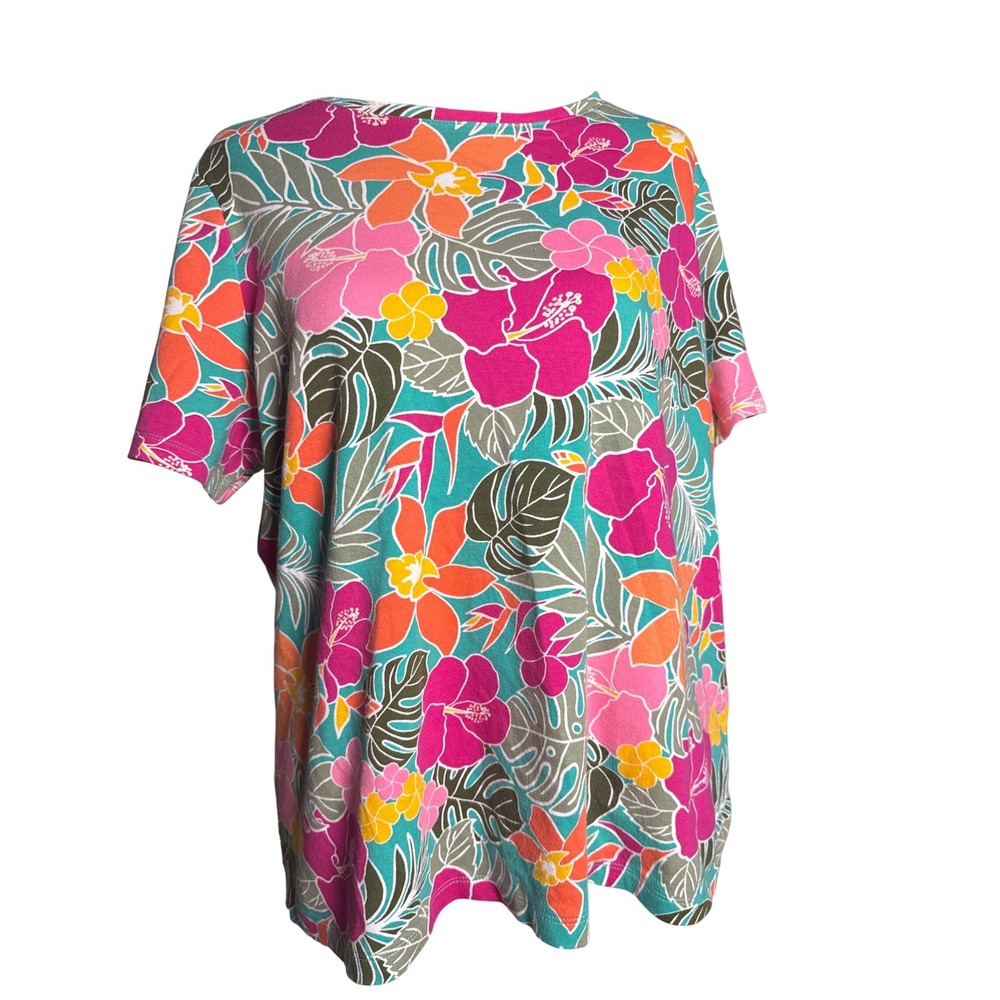 Kim Rogers Womens Tropical Floral Hibiscus Cotton T-Shirt Pink Teal Petite XL
